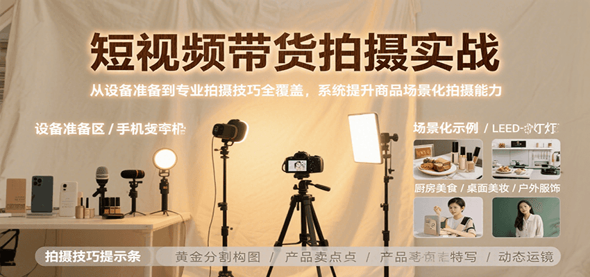 短视频带货拍摄实战，从设备准备到专业拍摄技巧全覆盖，系统提升商品场景化拍摄能力-创新社-资源网-最新项目分享网站