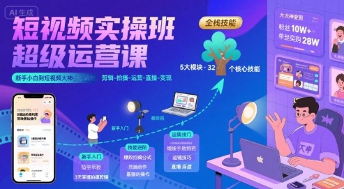 短视频实操班超级运营课，新手小白到短视频大神必修课程，剪辑-拍摄-运营-直播-变现-创新社-资源网-最新项目分享网站