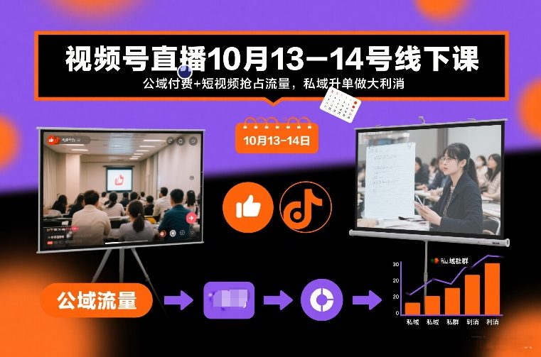 视频号直播10月13-14号线下课，公域付费+短视频抢占流量，私域升单做大利消-创新社-资源网-最新项目分享网站