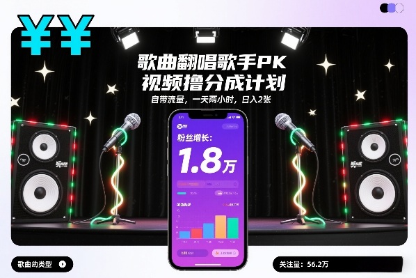 歌曲翻唱歌手PK视频撸分成计划，自带流量，一天两小时，日入2张-创新社-资源网-最新项目分享网站