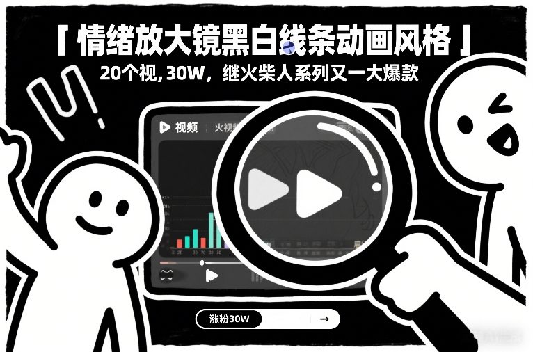 情绪放大镜黑白线条动画风格,20个视频,涨粉30W,继火柴人系列又一大爆款-创新社-资源网-最新项目分享网站