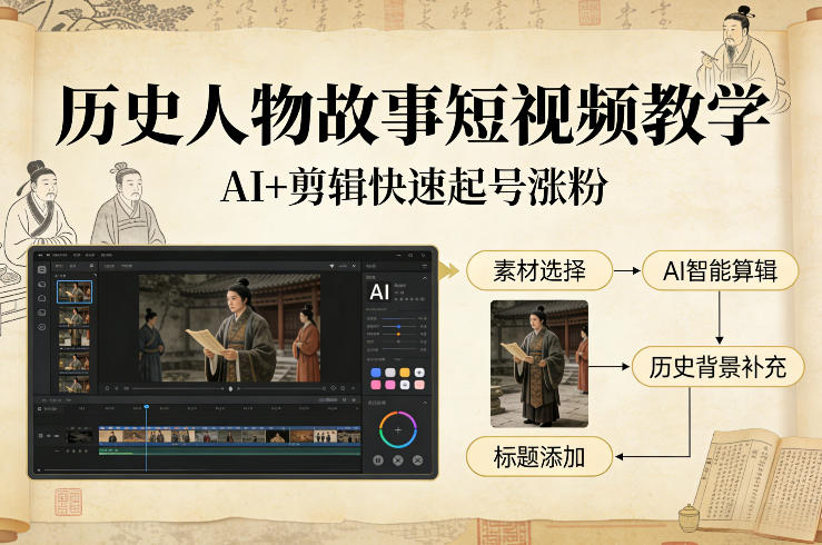 历史人物故事短视频教学，AI+剪辑制作历史人物题材短视频，快速起号涨粉-创新社-资源网-最新项目分享网站