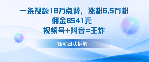 一条视频18W点赞,涨粉6.5W粉佣金8541米,视频号+抖音=王炸-创新社-资源网-最新项目分享网站
