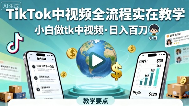 TikTok中视频全流程实操教学，小白做tk中视频，日入百刀-创新社-资源网-最新项目分享网站