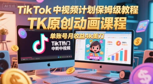 TikTok中视频计划保姆级教程，TK原创动画课程，单账号月收益4k美刀-创新社-资源网-最新项目分享网站