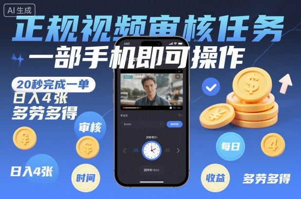 正规视频审核任务，一部手机即可操作，20秒完成一单，日入4张，多劳多得【揭秘】-创新社-资源网-最新项目分享网站