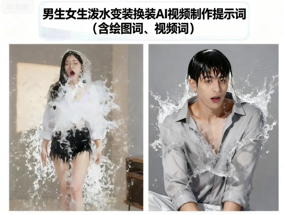 男生女生泼水变装换装AI视频制作提示词(含绘图词、视频词)-创新社-资源网-最新项目分享网站
