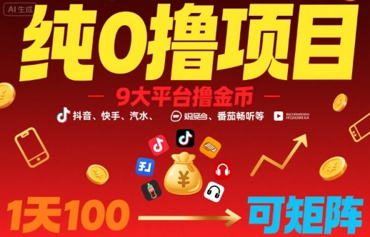 纯0撸项目，9大平台撸金币，抖音，快手，汽水，番茄畅听等，1天100，可矩阵-创新社-资源网-最新项目分享网站