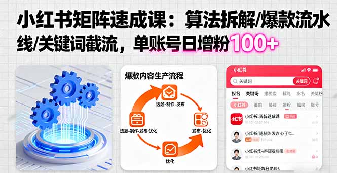 小红书矩阵起号速成课:算法拆解/爆款流水线/关键词截流 单账号日增粉100+-创新社-资源网-最新项目分享网站