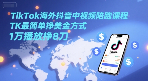 TikTok海外抖音中视频陪跑课程，TK最简单挣美金方式，1万播放挣8刀-创新社-资源网-最新项目分享网站