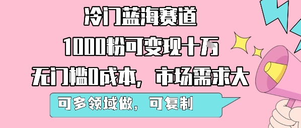 冷门蓝海赛道，1000粉可变现十W，无门槛0成本，市场需求大，可多领域做，可复制性强-创新社-资源网-最新项目分享网站