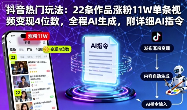 抖音热门玩法：22条作品涨粉11W单条视频变现4位数，全程AI生成，附详细AI指令-创新社-资源网-最新项目分享网站