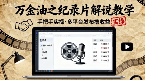 万金油之纪录片解说教学，手把手教你，完全实操，多平台发布撸收益-创新社-资源网-最新项目分享网站