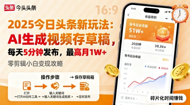 2025年今日头条躺賺新玩法,AI生成视频存草稿,每天5分钟发布,最高月1W+【揭秘】-创新社-资源网-最新项目分享网站