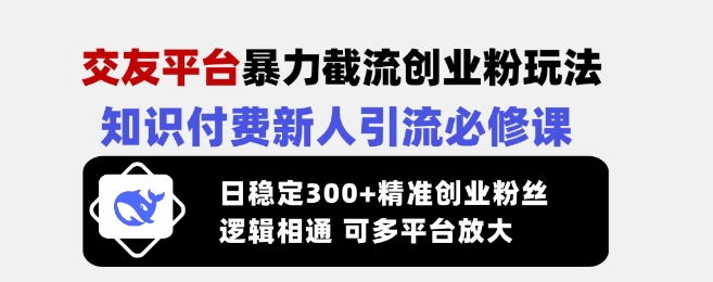 交友平台暴力截流创业粉玩法，知识付费新人引流必修课，日稳定300+精准创业粉丝，逻辑相通可多平台放大-创新社-资源网-最新项目分享网站