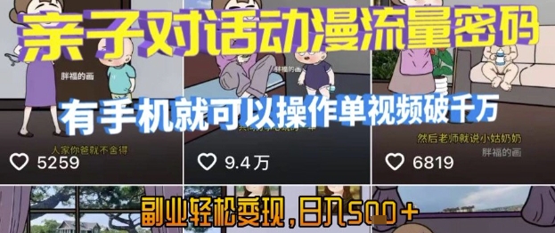 AI引爆短视频，亲子对话动漫流量密码，有手机就可以操作，单视频破千万播放，副业轻松变现，日入5张【揭秘】-创新社-资源网-最新项目分享网站