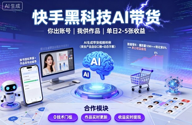 快手黑科技AI带货，你提供账号，我提供作品并发布，单日2-5张【揭秘】-创新社-资源网-最新项目分享网站