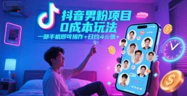 抖音男粉项目0成本玩法，一部手机即可操作，日均4张+，时间自由-创新社-资源网-最新项目分享网站