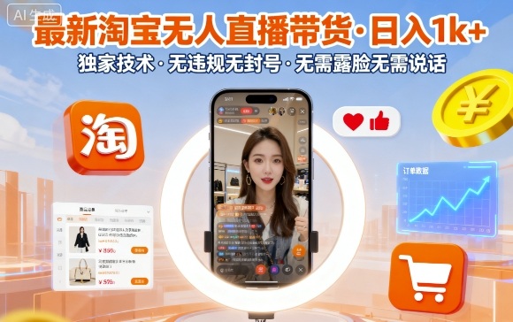最新淘宝无人直播带货，日入1k+，独家技术，无违规无封号，无需露脸无需说话【揭秘】-创新社-资源网-最新项目分享网站
