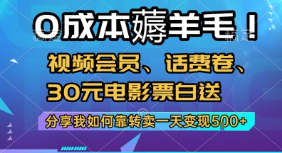 0成本薅羊毛!视频会员、话费卷、30元电影票白送，分享我如何靠转卖一天变现5张+【揭秘】-创新社-资源网-最新项目分享网站