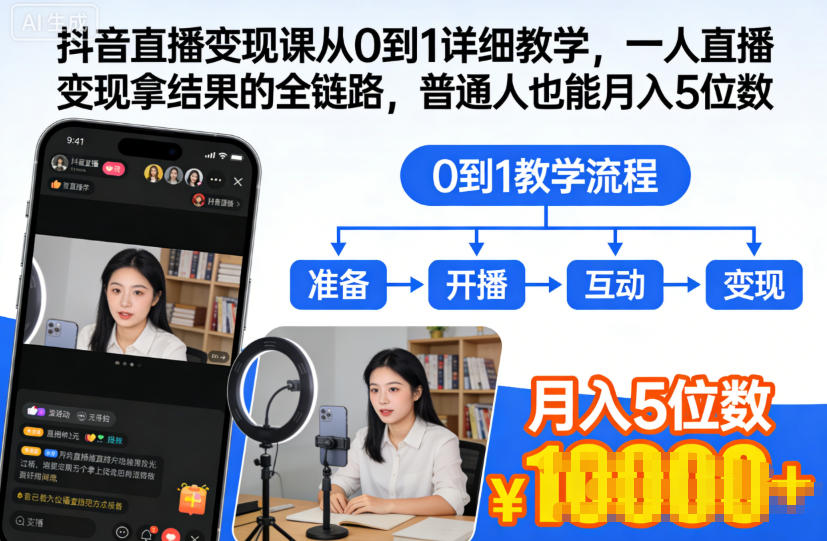 抖音直播变现课从0到1详细教学，一人直播变现拿结果的全链路，普通人也能月入5位数-创新社-资源网-最新项目分享网站