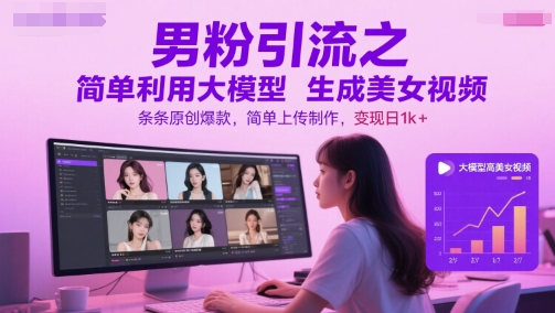 男粉引流之简单利用大模型生成美女视频，条条原创爆款，简单上传制作，变现日1k+-创新社-资源网-最新项目分享网站