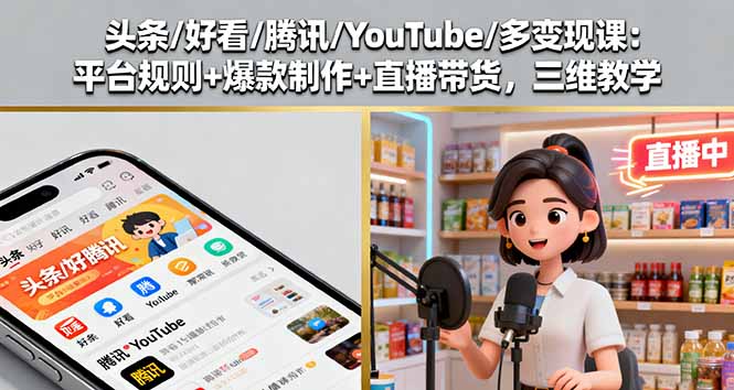 头条/好看/腾讯/YouTube/多变现课：平台规则+爆款制作+直播带货，三维教学-创新社-资源网-最新项目分享网站