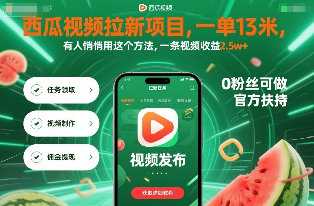 西瓜视频拉新项目,一单13米,有人悄悄用这个方法,一条视频收益2.5w+(附详细教程)-创新社-资源网-最新项目分享网站