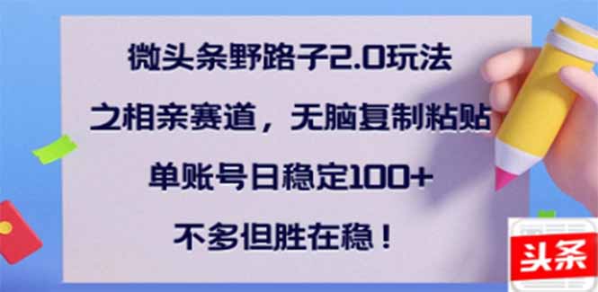 微头条野路子2.0玩法之相亲赛道，无脑搬砖复制粘贴，单账号日稳定300+…-创新社-资源网-最新项目分享网站