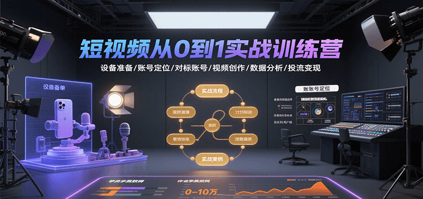 短视频从0到1实战训练营：设备准备/账号定位/对标账号/视频创作/数据分析/投流变现-创新社-资源网-最新项目分享网站