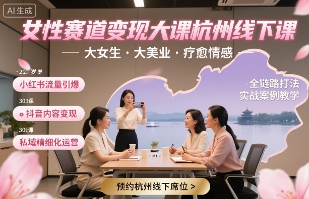 女性赛道变现大课杭州线下,大女生,大美业,疗愈情感,一套小红书、抖音、私域全链路打法-创新社-资源网-最新项目分享网站