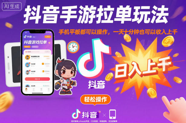 抖音手游拉单玩法，手机平板都可以操作，一天十分钟也可以收入上K【揭秘】-创新社-资源网-最新项目分享网站