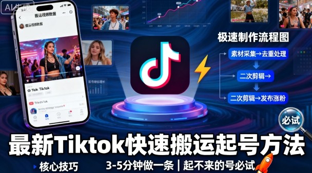 最新Tiktok快速搬运快速起号方法，3-5分钟做一条，起不来的号可以试试-创新社-资源网-最新项目分享网站