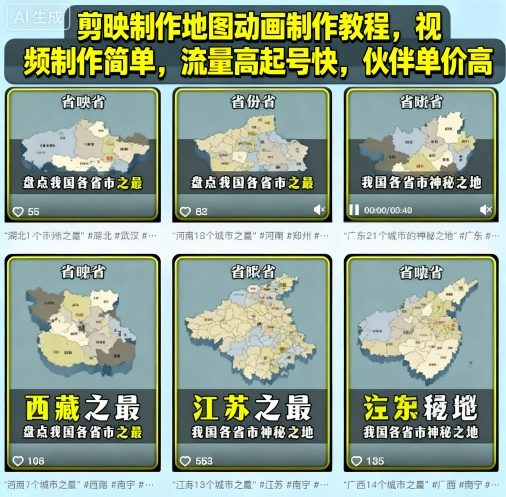 剪映制作地图动画制作教程，视频制作简单，流量高起号快，伙伴单价高-创新社-资源网-最新项目分享网站