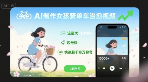 AI制作女孩骑单车治愈视频，流量大，起号快，快速起千粉万粉号-创新社-资源网-最新项目分享网站