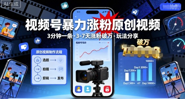 视频号暴力涨粉原创视频，3分钟一条原创视频，3-7天涨粉破万，玩法分享给你-创新社-资源网-最新项目分享网站