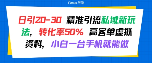 日引 20-30 精准引流私域新玩法，转化率50% 高客单虚拟资料，小白一台手机就能做-创新社-资源网-最新项目分享网站