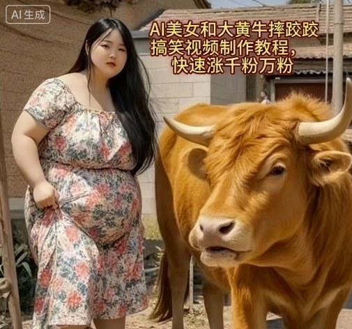 AI美女和大黄牛摔跤搞笑荒诞视频制作教程，快速涨千粉万粉-创新社-资源网-最新项目分享网站