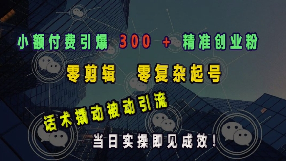 小额付费引爆 300 + 精准创业粉，零剪辑、零复杂起号，话术撬动被动引流，当日实操即见成效-创新社-资源网-最新项目分享网站