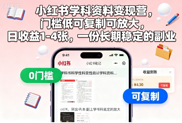 小红书学科资料变现营,门槛低可复制可放大,日收益1-4张,一份长期稳定的副业-创新社-资源网-最新项目分享网站