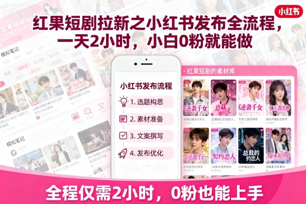 红果短剧拉新之小红书发布全流程，一天2小时，小白0粉就能做-创新社-资源网-最新项目分享网站
