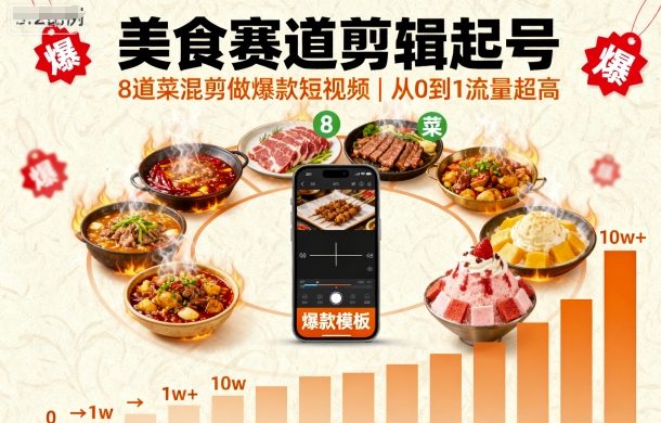 美食赛道剪辑起号，8道菜混剪做爆款短视频，从0到1，流量超高-创新社-资源网-最新项目分享网站