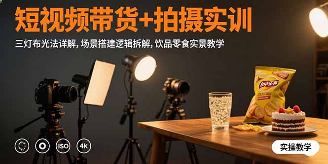 短视频带货+拍摄实训：三灯布光法详解,场景搭建逻辑拆解,饮品零食实景教学-创新社-资源网-最新项目分享网站