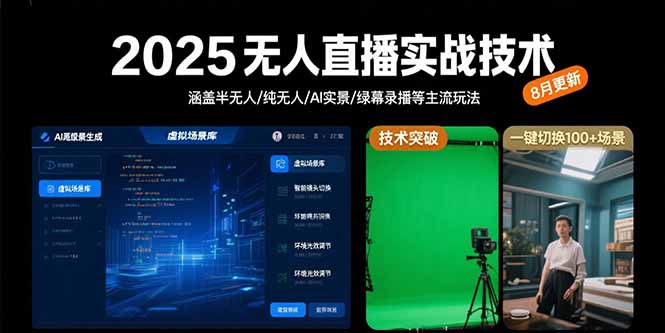 2025无人直播实战技术-8月，涵盖半无人/纯无人/AI实景/绿幕录播等主流玩法-创新社-资源网-最新项目分享网站